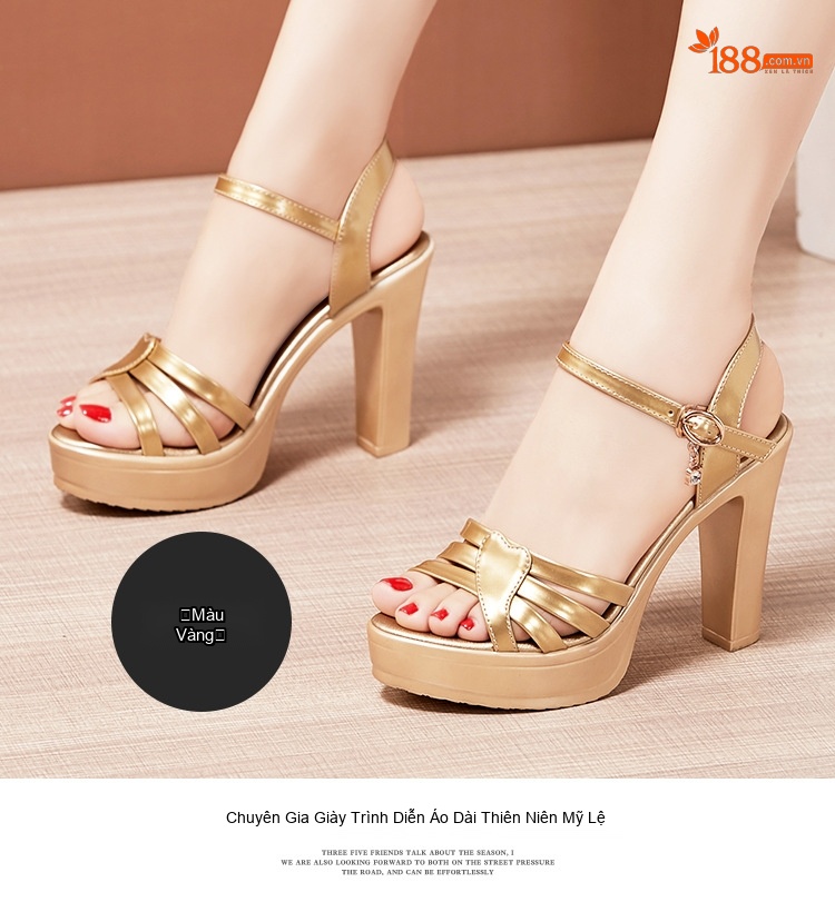 Giày Sandal Cao Gót Nữ Quai Ngang Hở Ngón Da Bóng Gót Cao 10cm Màu Đen, Đỏ, Trắng, Vàng Kim... chi tiết 17