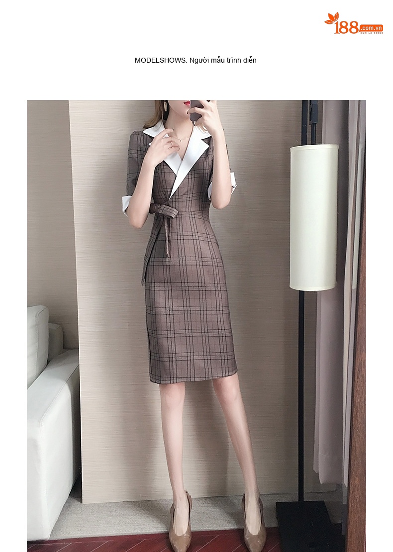 Váy Đầm Công Sở Nữ Họa Tiết Kẻ Caro Cổ chữ Vest Tay Lỡ Dáng Ôm Thanh Lịch Màu Nâu chi tiết 8