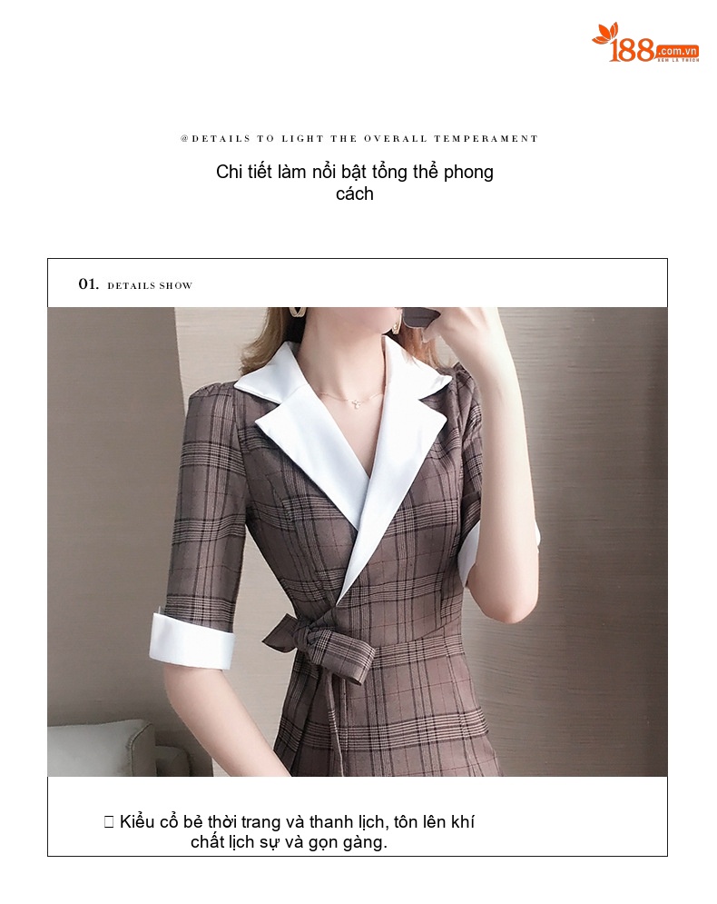 Váy Đầm Công Sở Nữ Họa Tiết Kẻ Caro Cổ chữ Vest Tay Lỡ Dáng Ôm Thanh Lịch Màu Nâu chi tiết 4