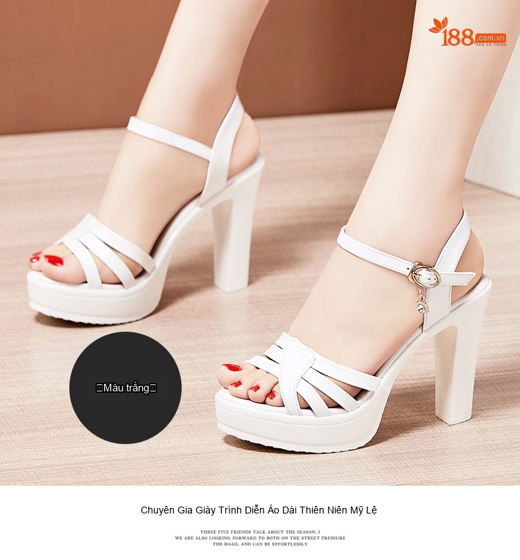 Giày Sandal Cao Gót Nữ Quai Ngang Hở Ngón Da Bóng Gót Cao 10cm Màu Đen, Đỏ, Trắng, Vàng Kim... chi tiết 14