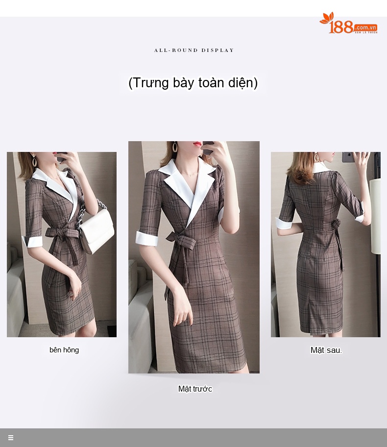 Váy Đầm Công Sở Nữ Họa Tiết Kẻ Caro Cổ chữ Vest Tay Lỡ Dáng Ôm Thanh Lịch Màu Nâu chi tiết 3
