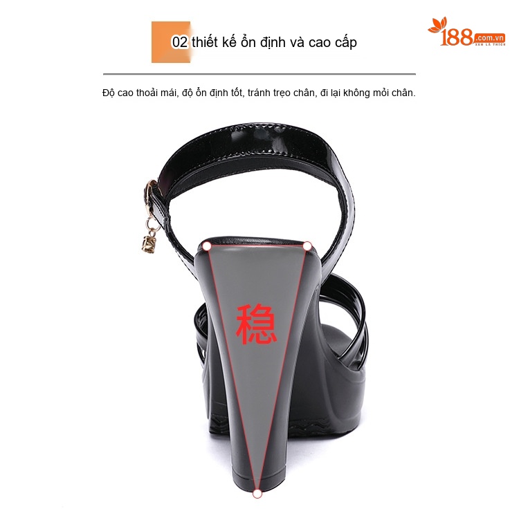 Giày Sandal Cao Gót Nữ Quai Ngang Hở Ngón Da Bóng Gót Cao 10cm Màu Đen, Đỏ, Trắng, Vàng Kim... chi tiết 9