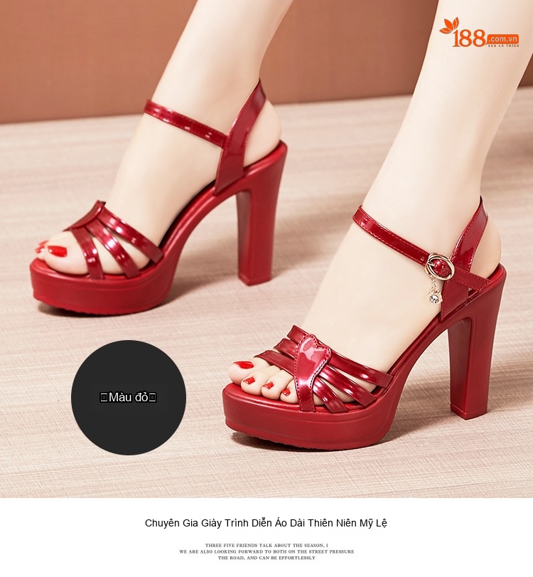 Giày Sandal Cao Gót Nữ Quai Ngang Hở Ngón Da Bóng Gót Cao 10cm Màu Đen, Đỏ, Trắng, Vàng Kim... chi tiết 16