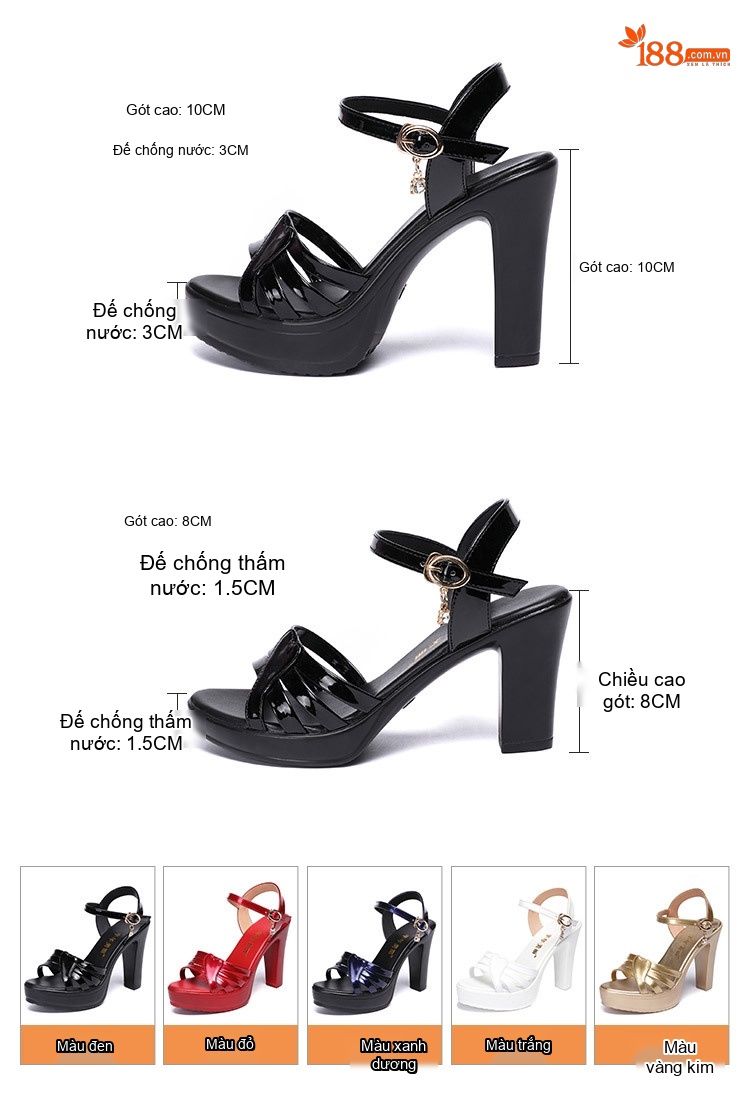 Giày Sandal Cao Gót Nữ Quai Ngang Hở Ngón Da Bóng Gót Cao 10cm Màu Đen, Đỏ, Trắng, Vàng Kim... chi tiết 6