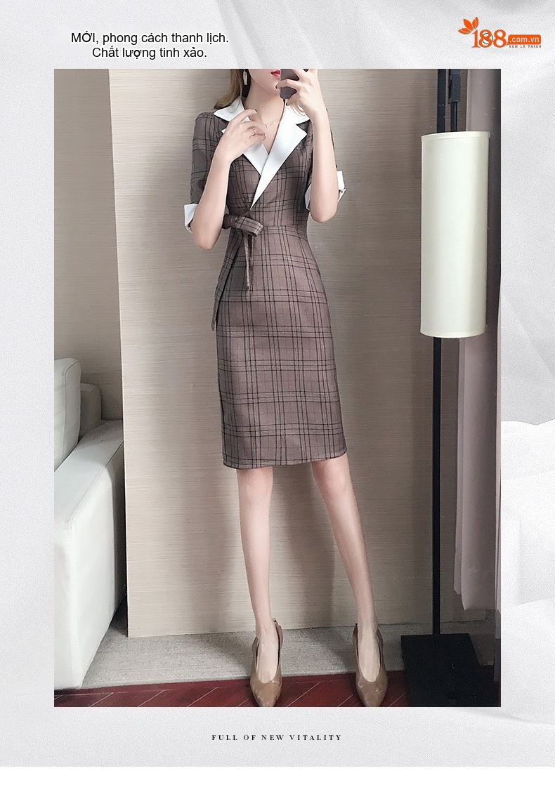 Váy Đầm Công Sở Nữ Họa Tiết Kẻ Caro Cổ chữ Vest Tay Lỡ Dáng Ôm Thanh Lịch Màu Nâu chi tiết 1
