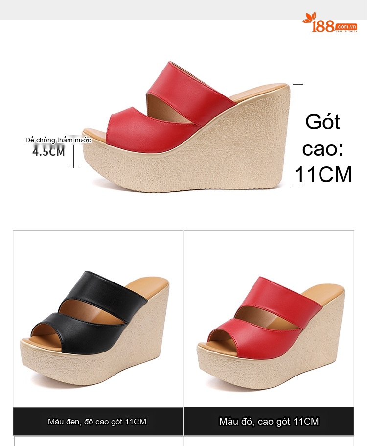 Dép Xuồng Nữ Quai Ngang Đế Bánh Mì Chiều Cao Đế 11cm Da Bóng Màu Đen, Đỏ, Trắng, Vàng... chi tiết 2