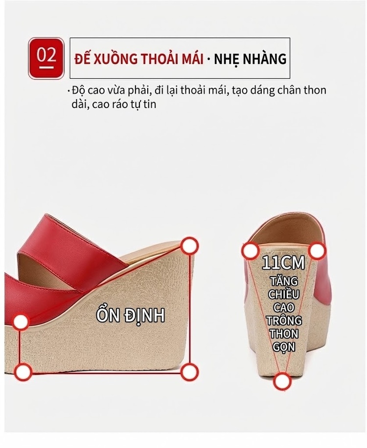 Dép Xuồng Nữ Quai Ngang Đế Bánh Mì Chiều Cao Đế 11cm Da Bóng Màu Đen, Đỏ, Trắng, Vàng... chi tiết 6