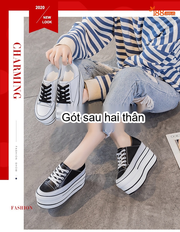 Giày Platform Nữ Da Thật Chiều Cao Đế 7.5cm Màu Đen, Trắng chi tiết 1