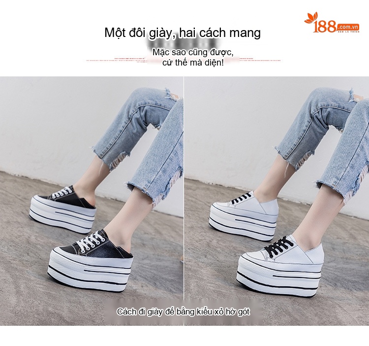 Giày Platform Nữ Da Thật Chiều Cao Đế 7.5cm Màu Đen, Trắng chi tiết 2