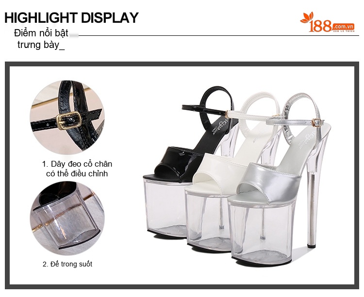 Giày Sandal Cao Gót Nữ Quai Ngang Hở Ngón Da Bóng Gót Cao 10cm - 12cm Màu Đen, Trắng, Bạc, Hồng... chi tiết 4