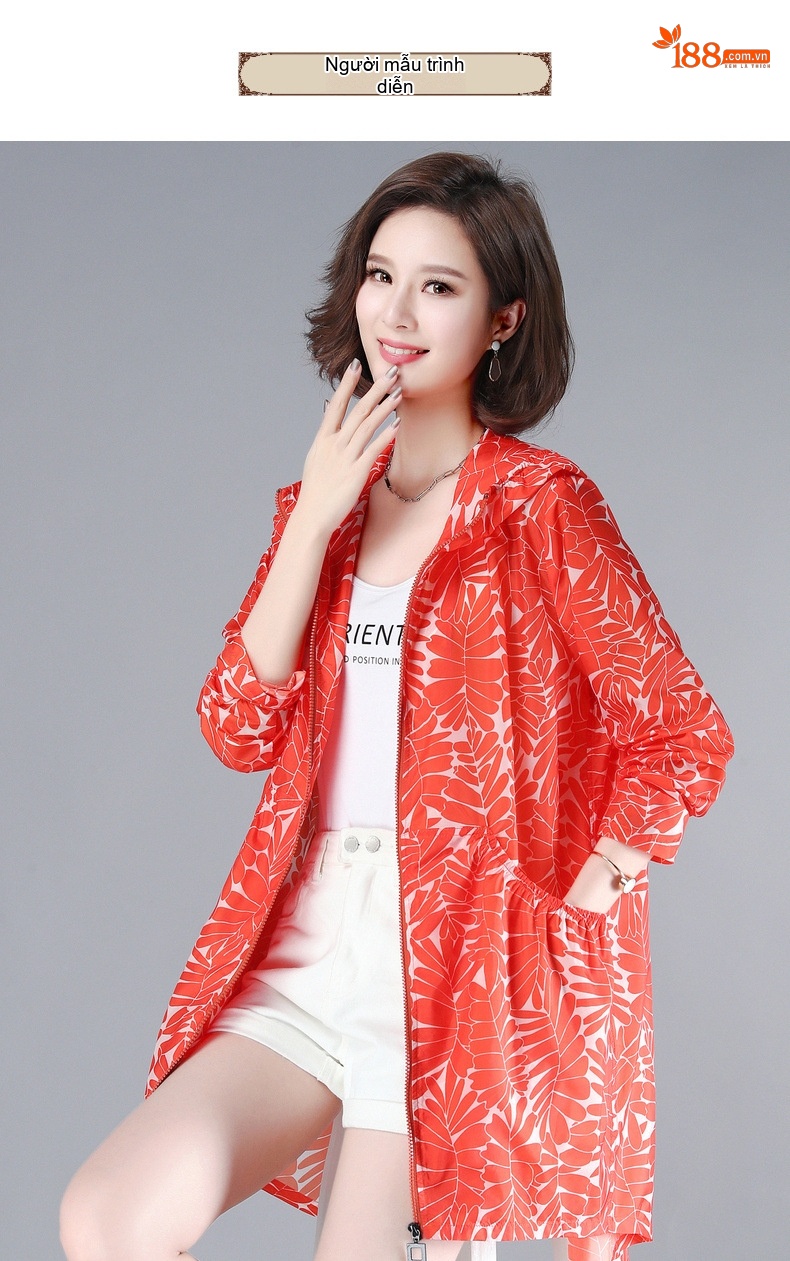 Áo Khoác Chống Nắng Nữ Dáng Rộng Mùa Hè Có Mũ Trùm Đầu Tay Dài Phong Cách Hàn Quốc Màu Cam chi tiết 6