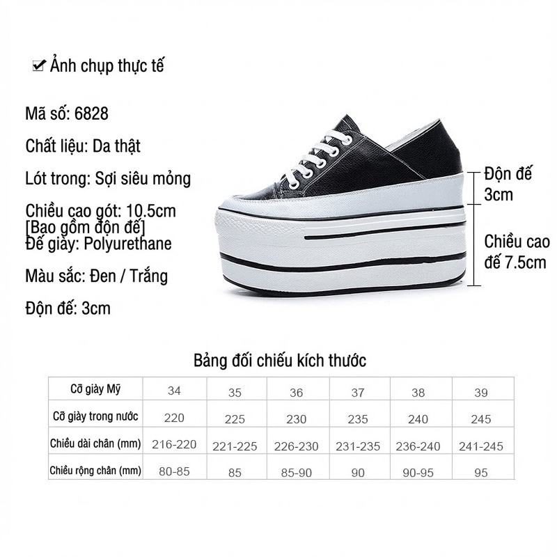 Giày Platform Nữ Da Thật Chiều Cao Đế 7.5cm Màu Đen, Trắng