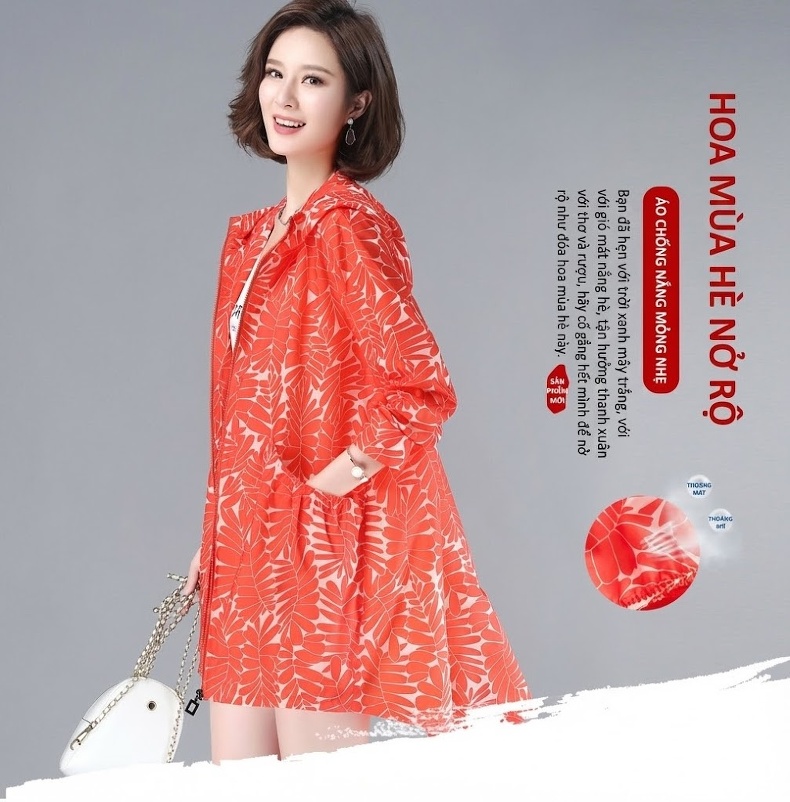 Áo Khoác Chống Nắng Nữ Dáng Rộng Mùa Hè Có Mũ Trùm Đầu Tay Dài Phong Cách Hàn Quốc Màu Cam chi tiết 1