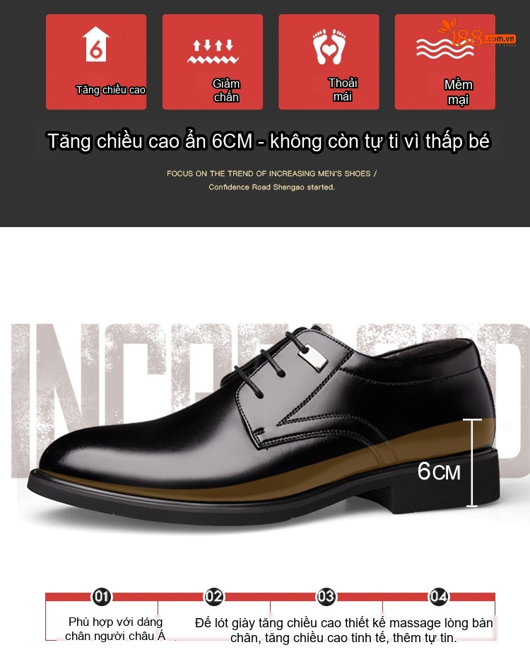 Giày Tây Buộc Dây Nam Da Bóng Chiều Cao Đế 6cm Màu Đen, Nâu chi tiết 6