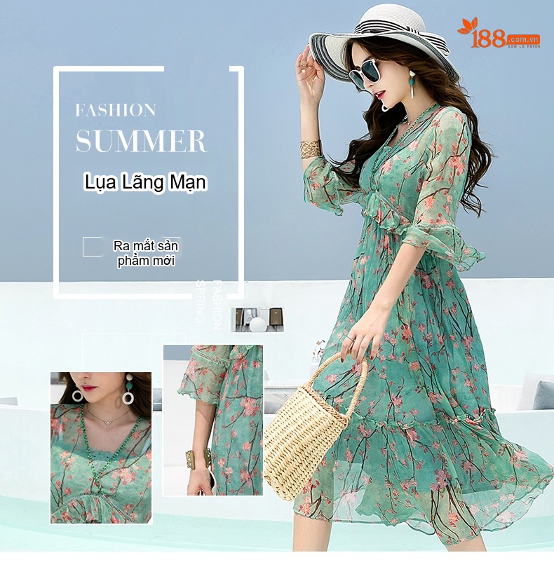 Váy Lụa Tơ Tằm Nữ dáng chữ A Chiết Eo In Hoa Cổ chữ V Màu Xanh, Hồng chi tiết 2