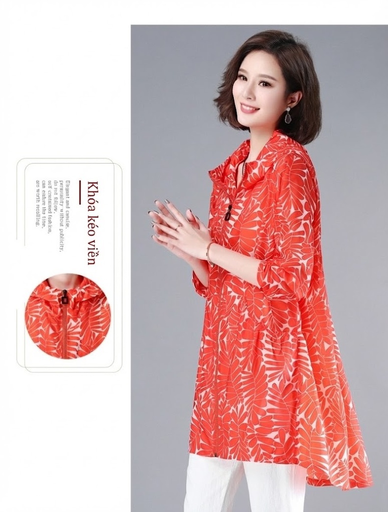 Áo Khoác Chống Nắng Nữ Dáng Rộng Mùa Hè Có Mũ Trùm Đầu Tay Dài Phong Cách Hàn Quốc Màu Cam chi tiết 7