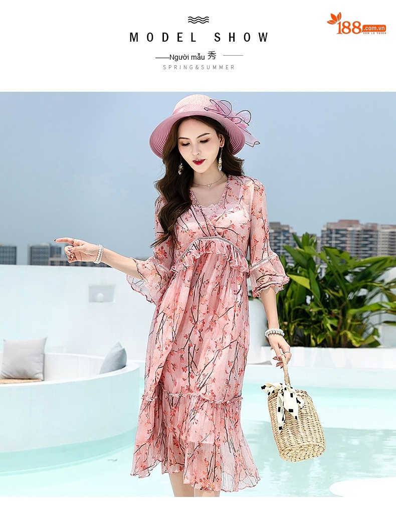 Váy Lụa Tơ Tằm Nữ dáng chữ A Chiết Eo In Hoa Cổ chữ V Màu Xanh, Hồng chi tiết 10