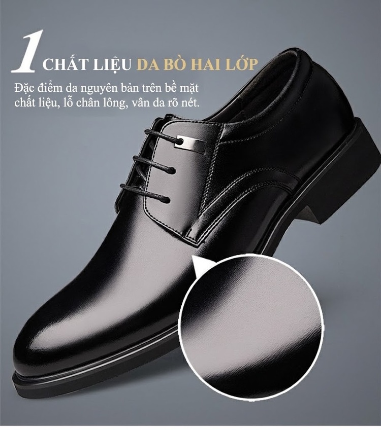 Giày Tây Buộc Dây Nam Da Bóng Chiều Cao Đế 6cm Màu Đen, Nâu chi tiết 8