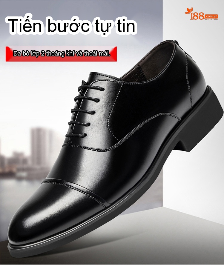 Giày Tây Buộc Dây Nam Da Bò Tăng Chiều Cao 6cm Phong Cách Anh Quốc Màu Đen, Nâu chi tiết 1