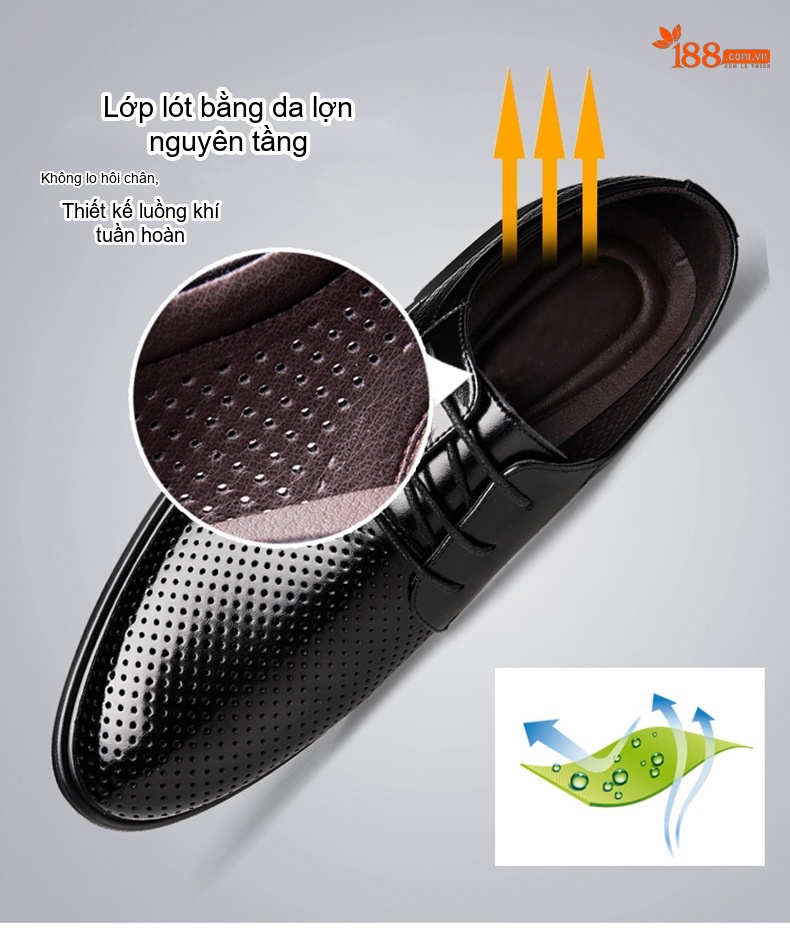 Giày Tây Buộc Dây Nam Da Bò Tăng Chiều Cao 6cm Lót Lông Màu Đen, Nâu chi tiết 10