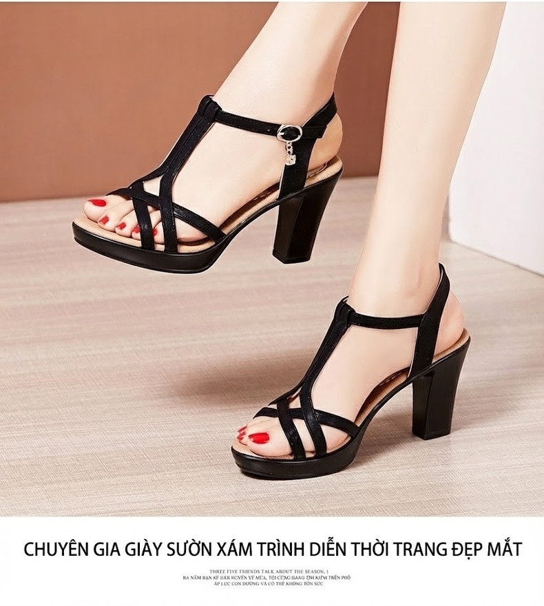 Giày Sandal Cao Gót Nữ Quai Chữ T Đế Xuồng Gót Cao 8cm Màu Đen, Vàng Kim, Rượu Vang chi tiết 9