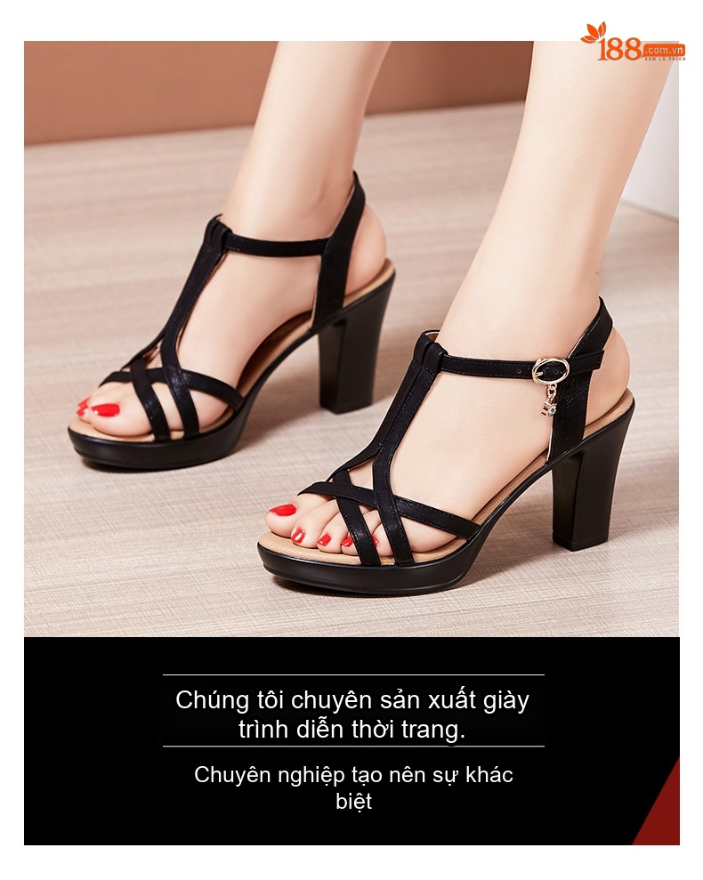 Giày Sandal Cao Gót Nữ Quai Chữ T Đế Xuồng Gót Cao 8cm Màu Đen, Vàng Kim, Rượu Vang chi tiết 2