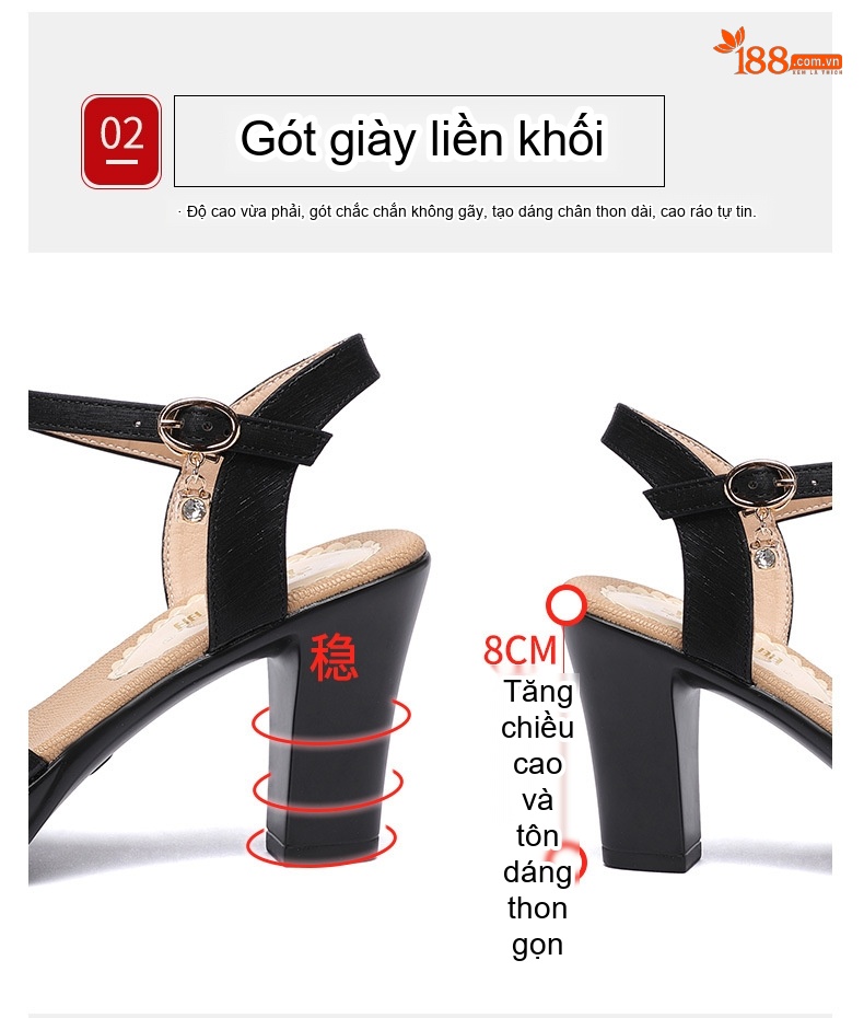 Giày Sandal Cao Gót Nữ Quai Chữ T Đế Xuồng Gót Cao 8cm Màu Đen, Vàng Kim, Rượu Vang chi tiết 5