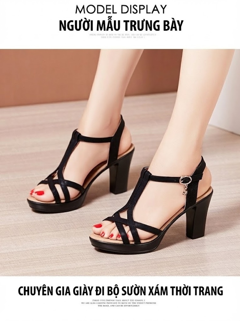 Giày Sandal Cao Gót Nữ Quai Chữ T Đế Xuồng Gót Cao 8cm Màu Đen, Vàng Kim, Rượu Vang chi tiết 8