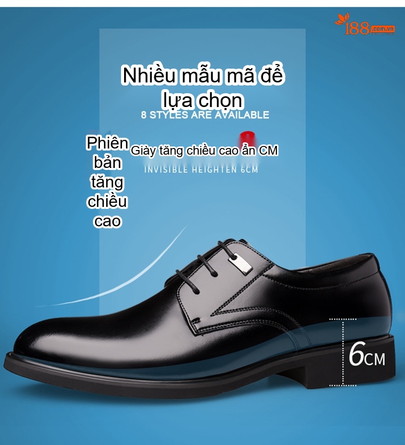 Giày Tây Buộc Dây Nam Da Bò Tăng Chiều Cao 6cm Lót Lông Màu Đen, Nâu chi tiết 5