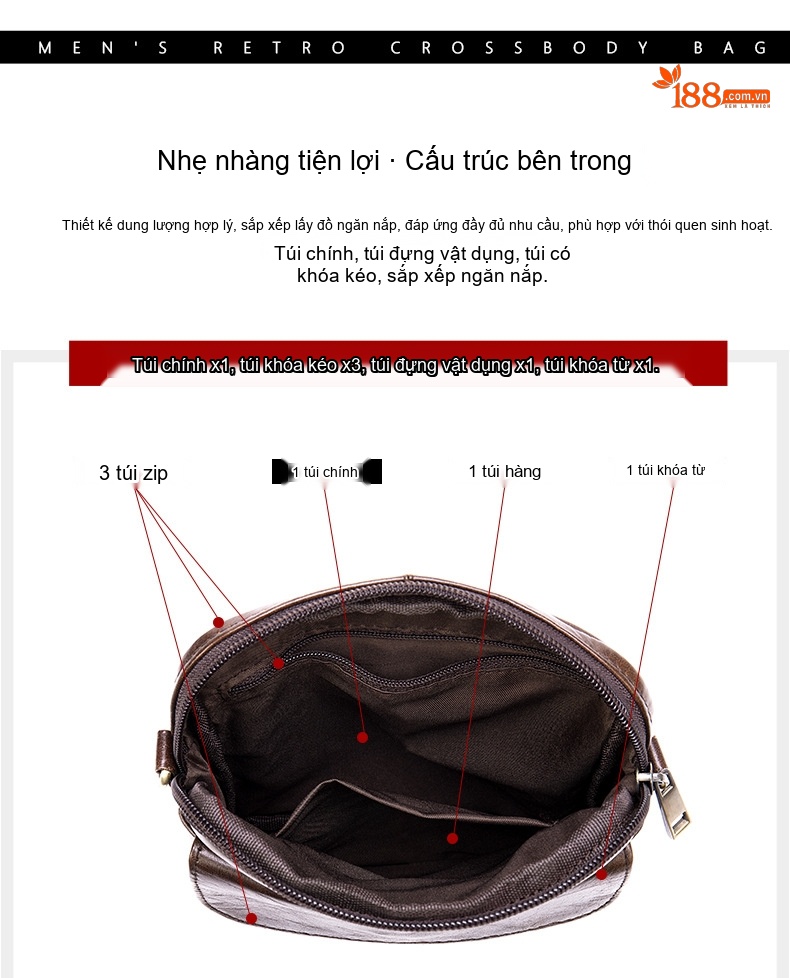 Túi Đeo Chéo Nam Da Bò Thật Phong Cách Casual Màu Nâu, Đen chi tiết 8