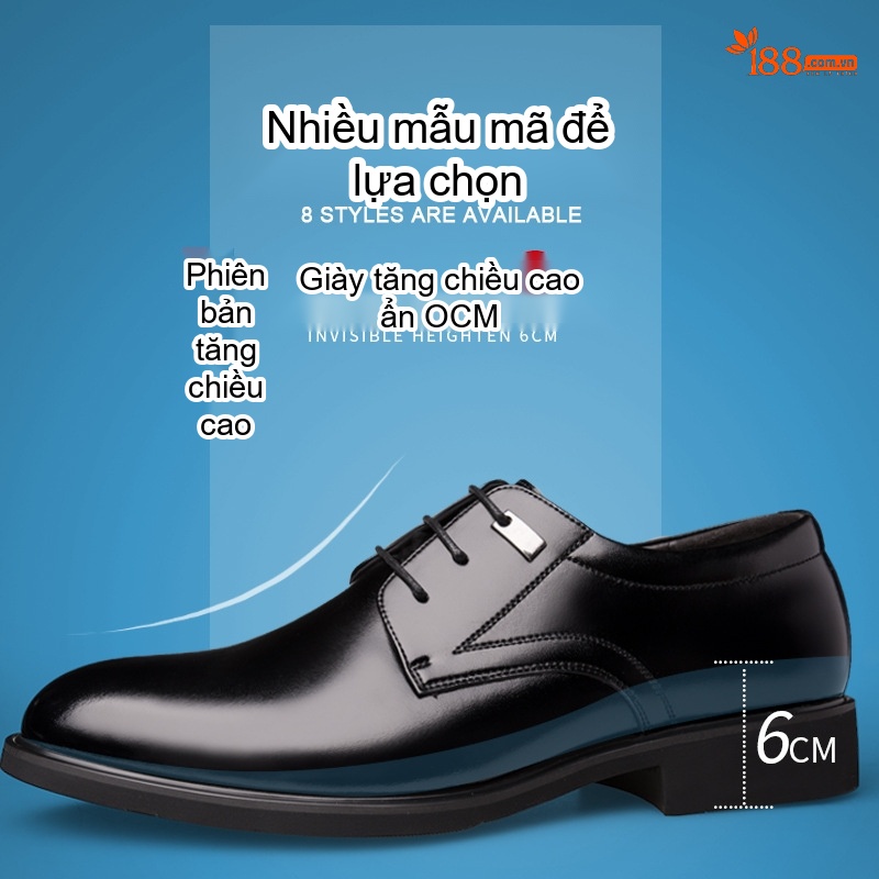 Giày Tây Buộc Dây Nam Da Bò Tăng Chiều Cao 6cm Lót Lông Màu Đen, Nâu
