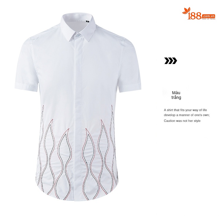 Áo Sơ Mi Nam Tay Ngắn Thêu Họa Tiết Lửa Phong Cách Casual Màu Trắng, Đen chi tiết 8