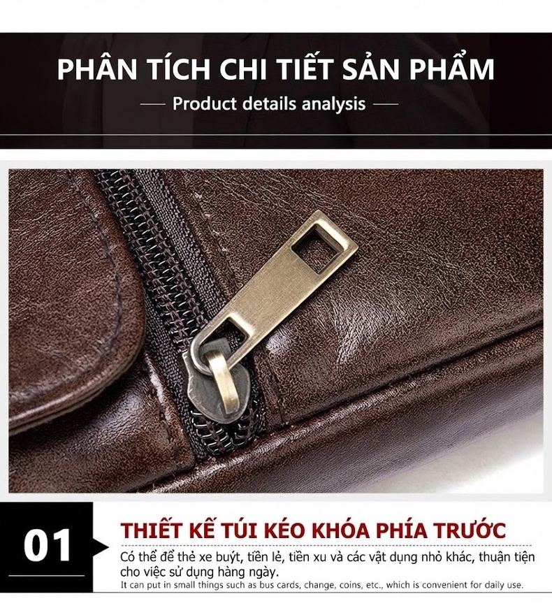 Túi Đeo Chéo Nam Da Bò Thật Phong Cách Casual Màu Nâu, Đen chi tiết 10