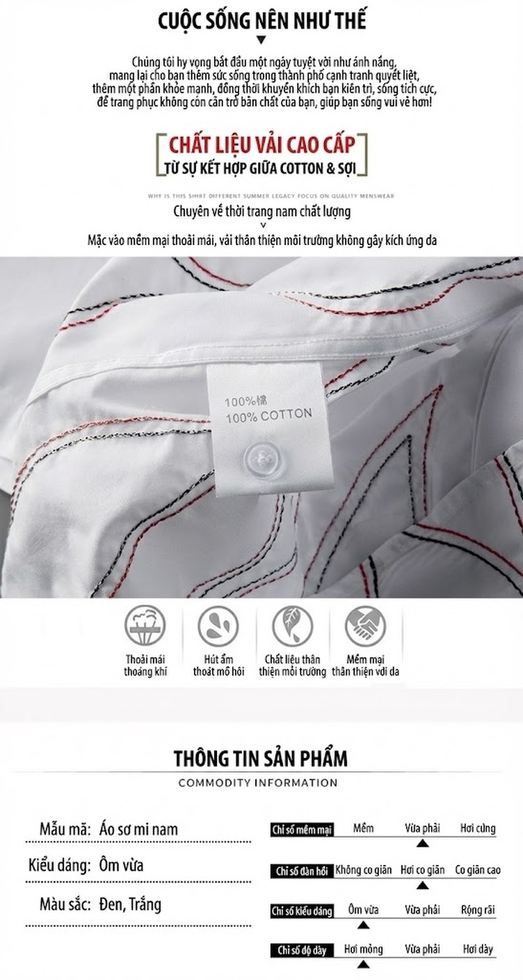 Áo Sơ Mi Nam Tay Ngắn Thêu Họa Tiết Lửa Phong Cách Casual Màu Trắng, Đen chi tiết 4