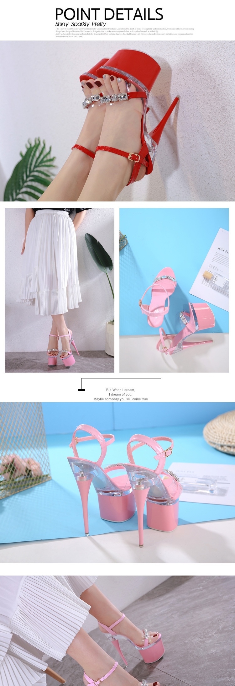 Giày Sandal Cao Gót Nữ Quai Trong Suốt Đế Xuồng Gót Trụ Đính Đá Gót Cao 17cm Màu Đen, Trắng, Đỏ, Hồng... chi tiết 6