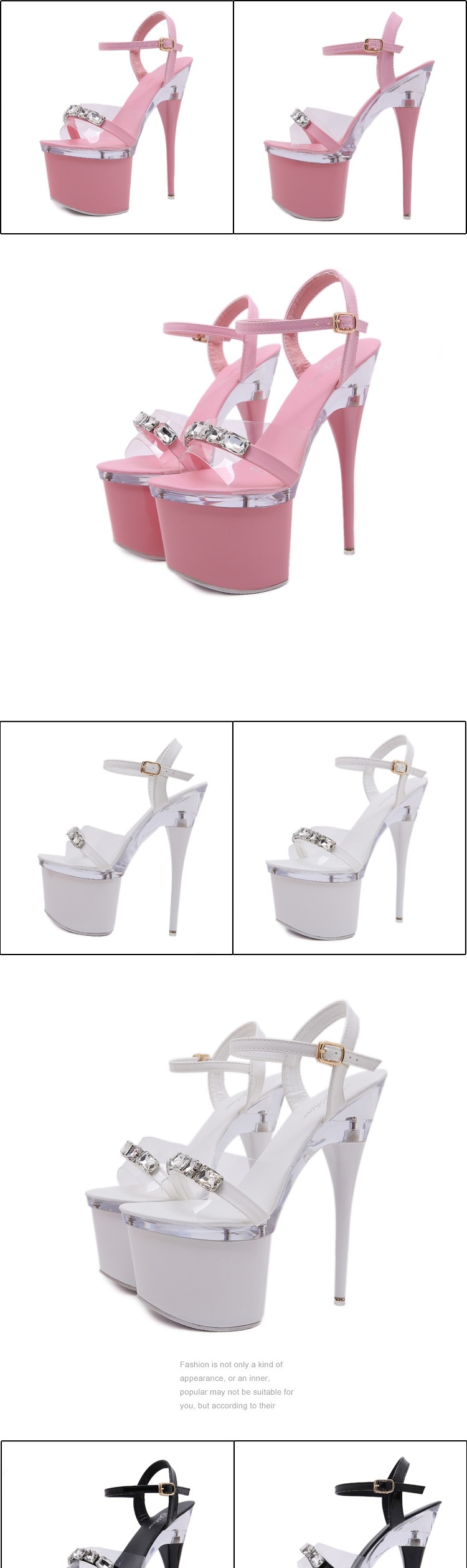 Giày Sandal Cao Gót Nữ Quai Trong Suốt Đế Xuồng Gót Trụ Đính Đá Gót Cao 17cm Màu Đen, Trắng, Đỏ, Hồng... chi tiết 14