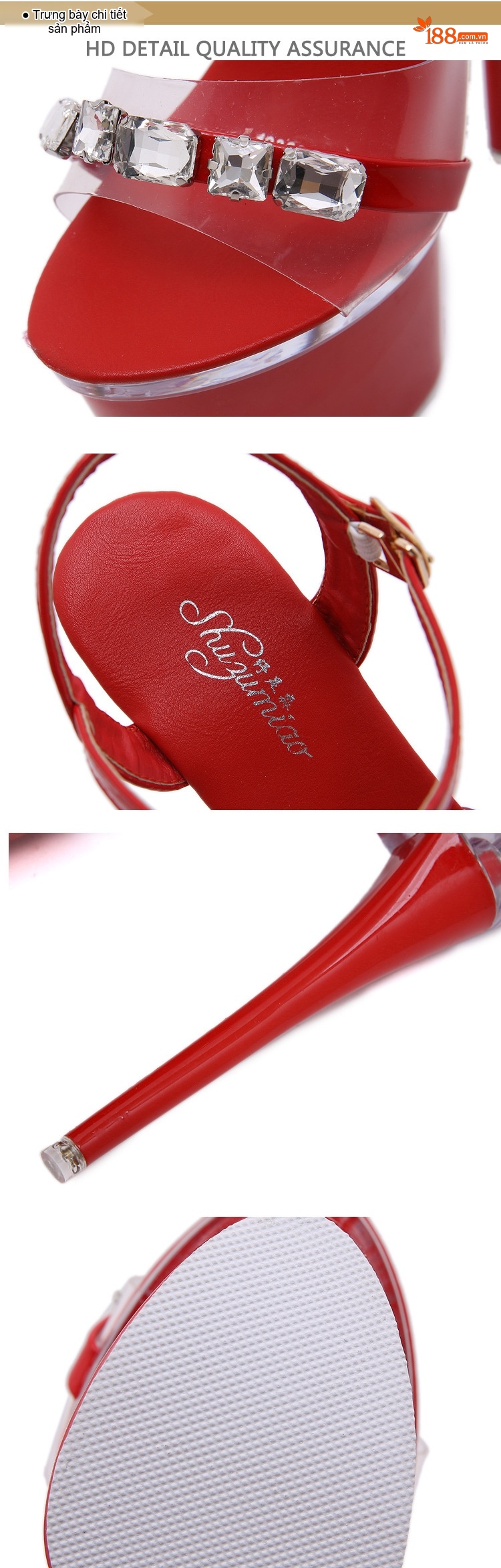 Giày Sandal Cao Gót Nữ Quai Trong Suốt Đế Xuồng Gót Trụ Đính Đá Gót Cao 17cm Màu Đen, Trắng, Đỏ, Hồng... chi tiết 15
