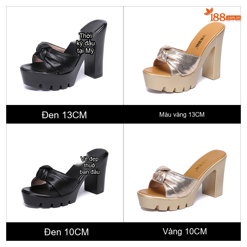 Dép Lưới Nữ Da Bóng Gót Vuông Chiều Cao Đế Khoảng 10cm Màu Đen, Vàng