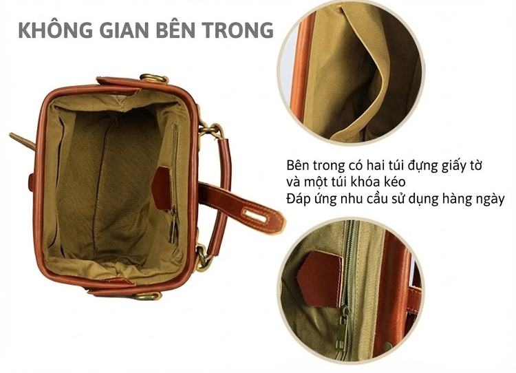 Túi Xách Tay Nữ Vải Canvas Da Thật Đeo Chéo Màu Nâu, Trắng, Xám, Xanh Lá chi tiết 9