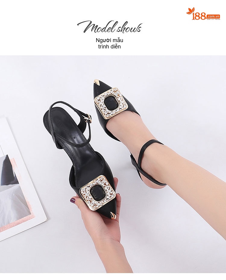 Giày Sandal Cao Gót Nữ Da Bóng Hở Ngón Quai Mảnh Đính Đá Gót Cao 7cm - 8cm Màu Đen, Kem chi tiết 8