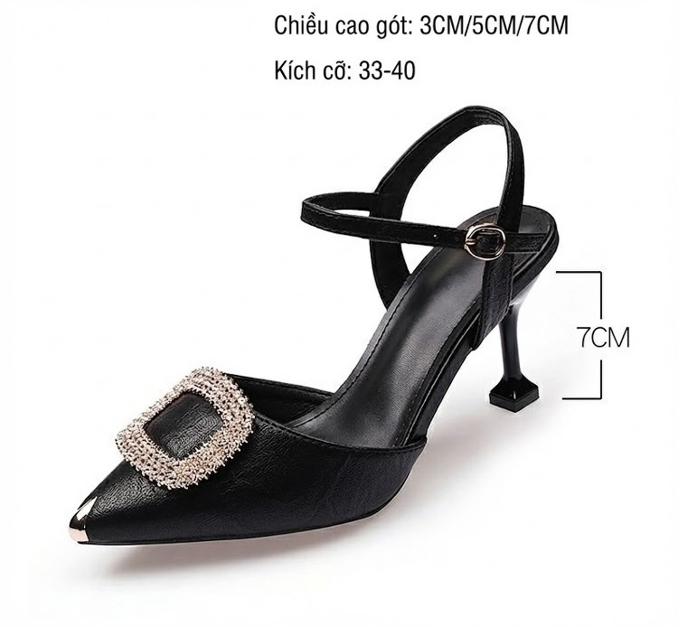 Giày Cao Gót Bít Mũi Đính Đá Chiều Cao Đế Khoảng 6cm Màu Đen, Kem chi tiết 4