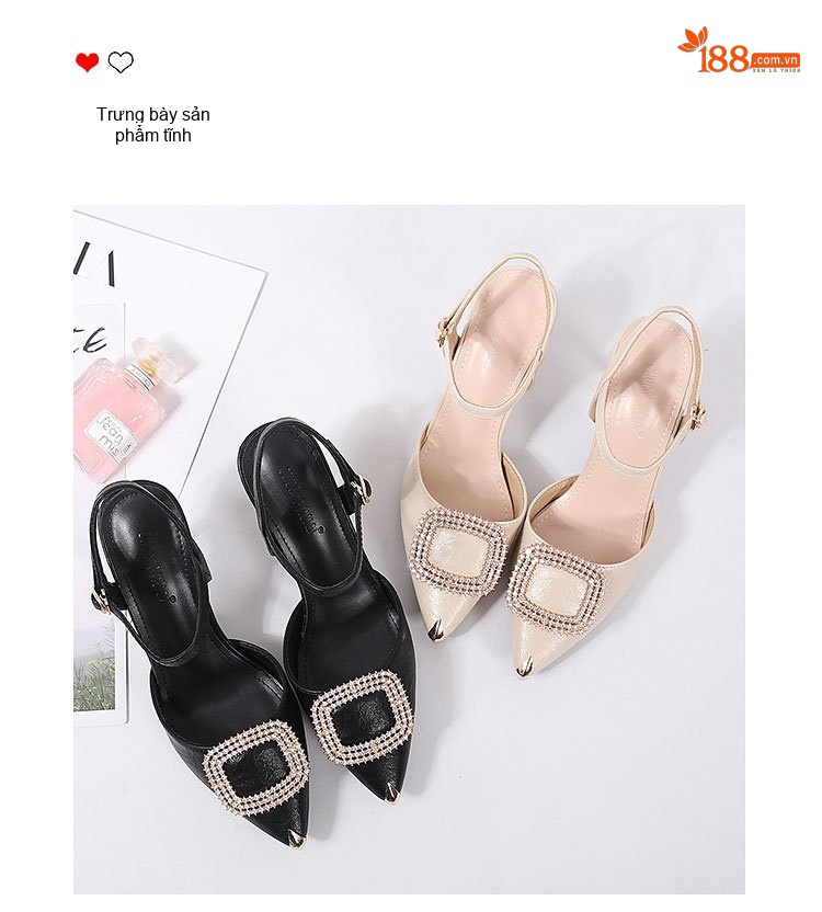 Giày Cao Gót Bít Mũi Đính Đá Chiều Cao Đế Khoảng 6cm Màu Đen, Kem chi tiết 22