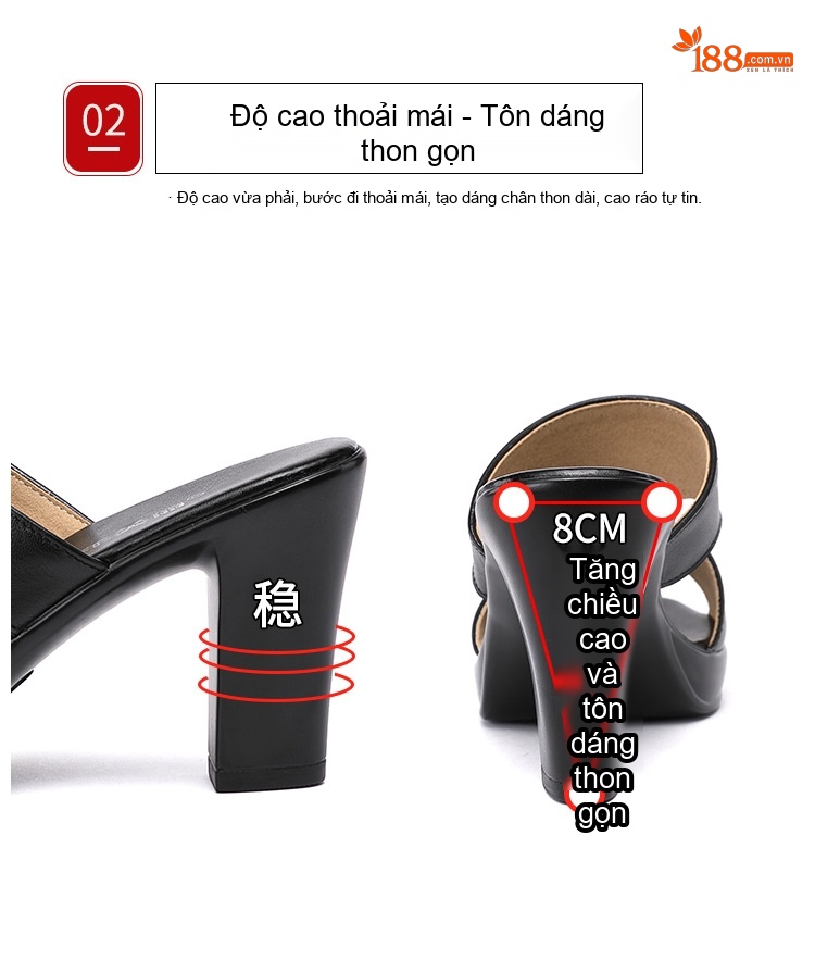 Dép Sục Nữ Quai Ngang Hở Mũi Đế Xuồng Chiều Cao Đế Khoảng 8cm Màu Đen, Trắng, Đỏ, Nâu chi tiết 5