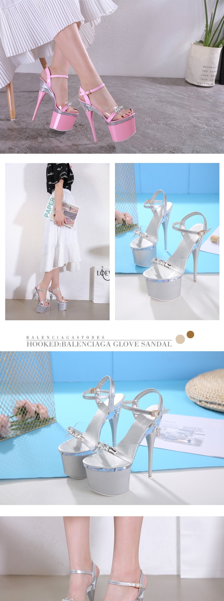 Giày Sandal Cao Gót Nữ Quai Trong Suốt Đế Xuồng Gót Trụ Đính Đá Gót Cao 17cm Màu Đen, Trắng, Đỏ, Hồng... chi tiết 8