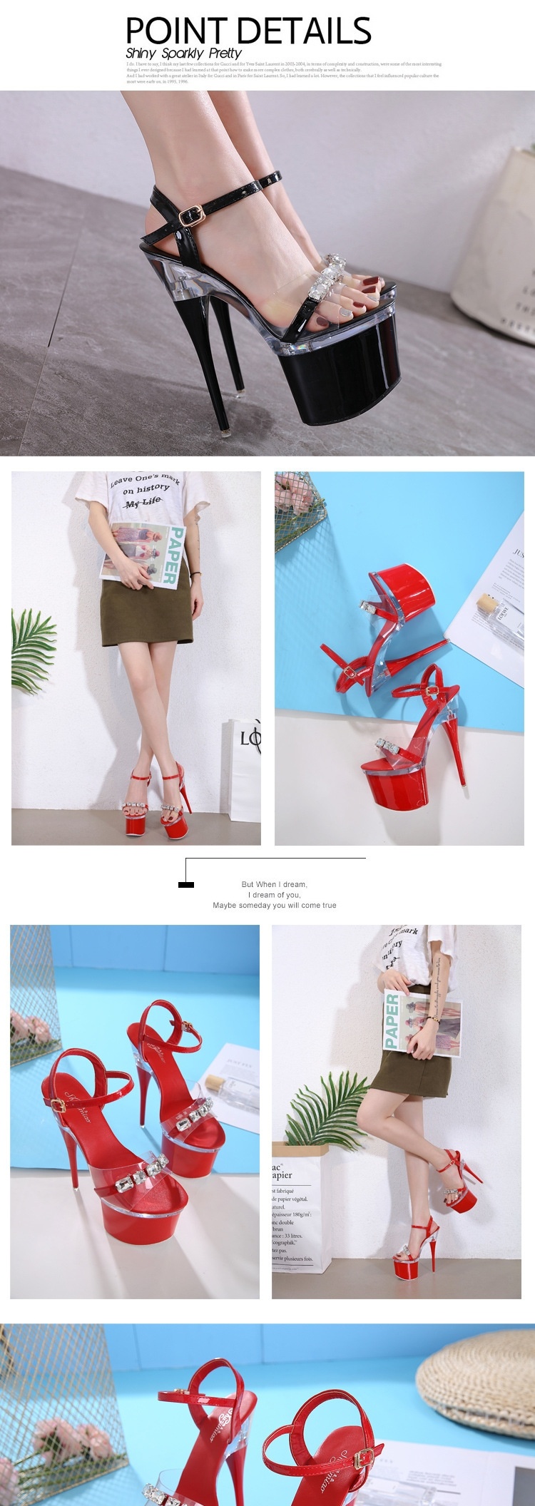 Giày Sandal Cao Gót Nữ Quai Trong Suốt Đế Xuồng Gót Trụ Đính Đá Gót Cao 17cm Màu Đen, Trắng, Đỏ, Hồng... chi tiết 4