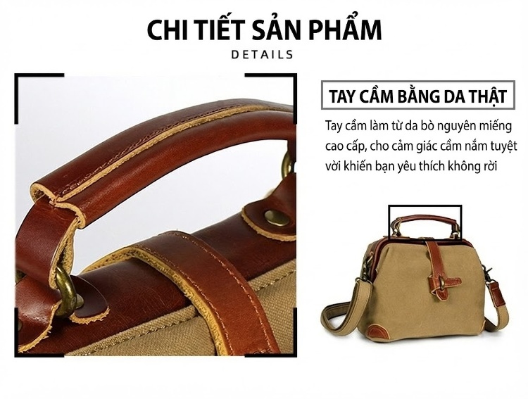Túi Xách Tay Nữ Vải Canvas Da Thật Đeo Chéo Màu Nâu, Trắng, Xám, Xanh Lá chi tiết 6