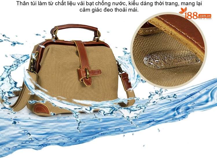 Túi Xách Tay Nữ Vải Canvas Da Thật Đeo Chéo Màu Nâu, Trắng, Xám, Xanh Lá chi tiết 2