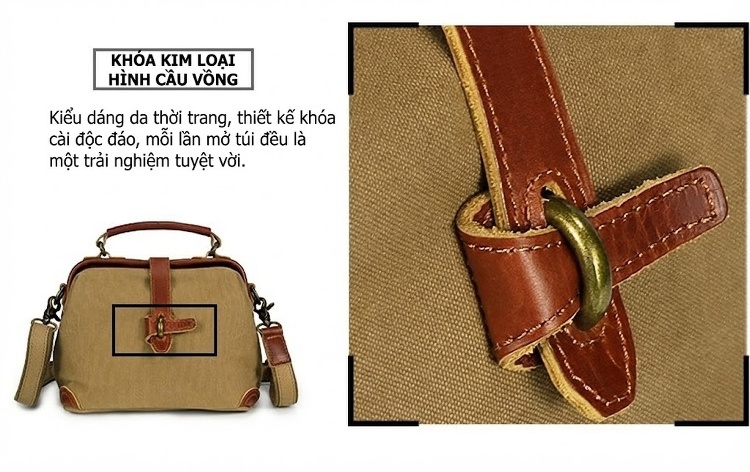 Túi Xách Tay Nữ Vải Canvas Da Thật Đeo Chéo Màu Nâu, Trắng, Xám, Xanh Lá chi tiết 7