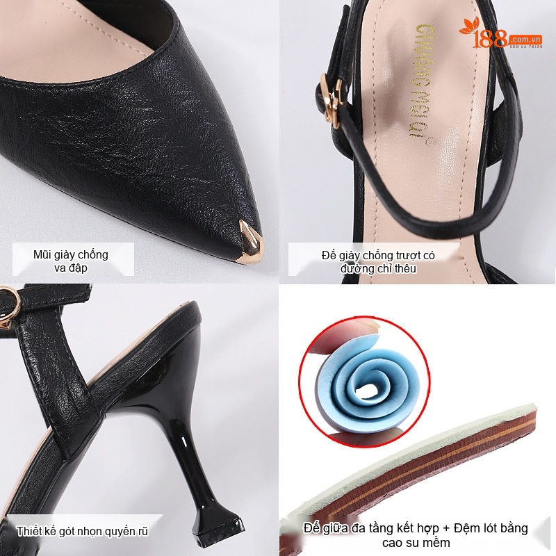Giày Sandal Cao Gót Nữ Da Bóng Quai Hậu Gót Cao 7cm - 8cm Màu Đen, Kem