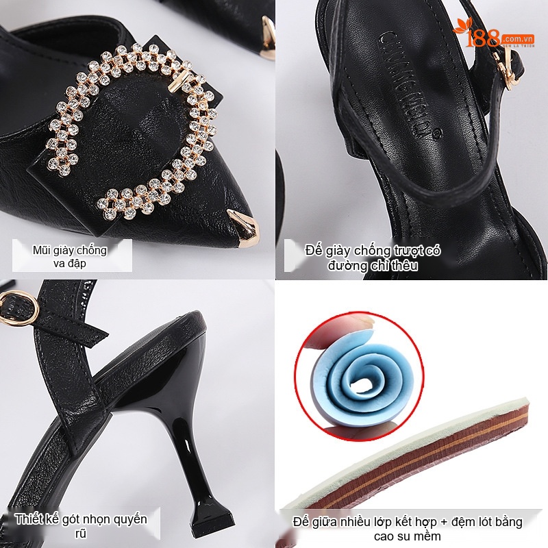 Giày Sandal Cao Gót Nữ Quai Mảnh Đính Đá Gót Cao 7cm - 8cm Màu Đen, Kem